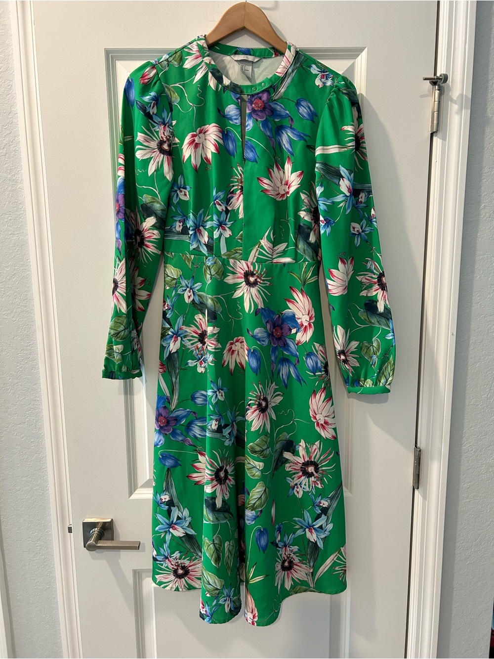 H&M Green Floral Long-Sleeve Midi Dress with Blue and White Blooms